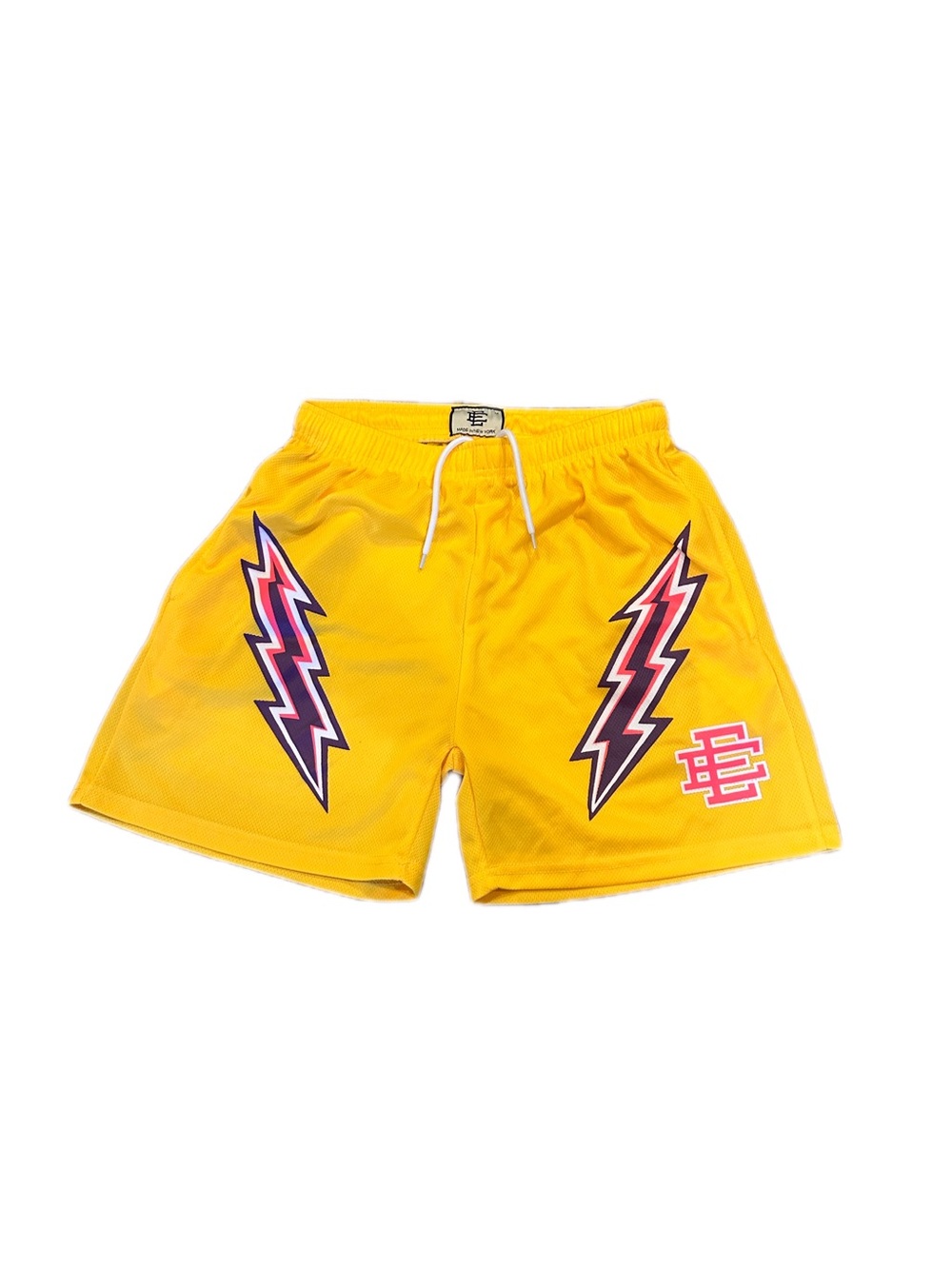 Eric Emanuel Yellow Mesh Athletic Shorts with Pink & Black Lightning